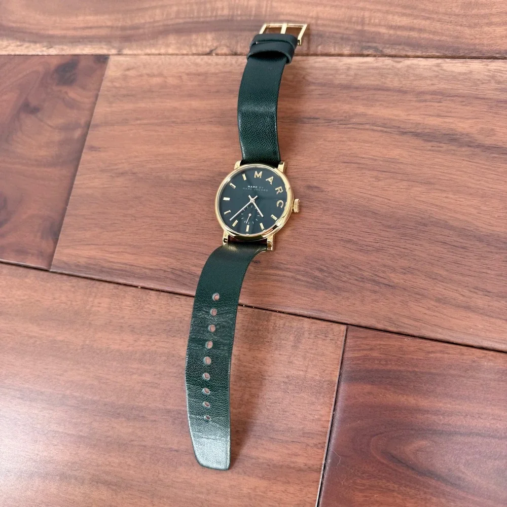 Marc by‎ Marc Jacobs Gold Tone Green Leather Band Watch Black Face